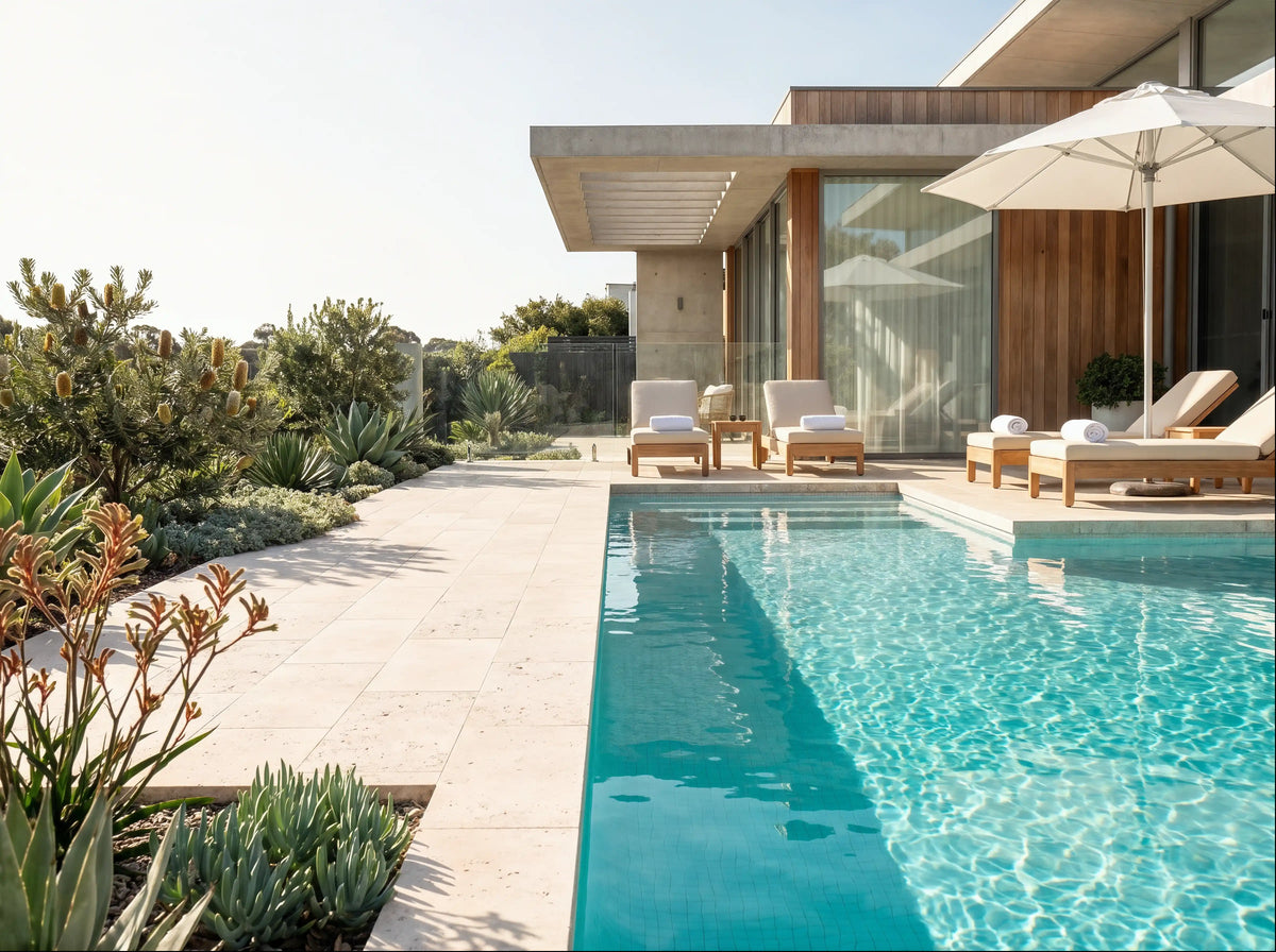Backyard pool with stone paving and native garden